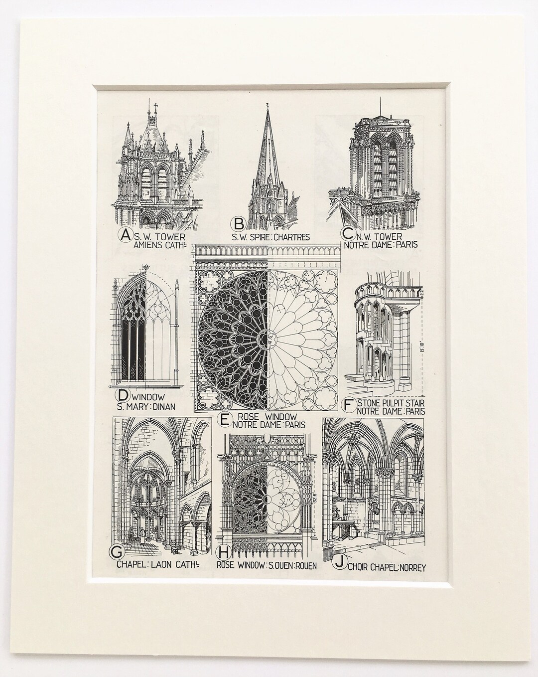 FRENCH GOTHIC ARCHITECTURE, Cathedrals, 1890s Antique Print, Mounted-matted Black &amp; White Print ...