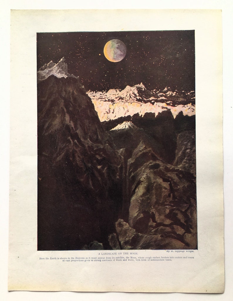 LUNAR LANDSCAPE 1920 Antique Astronomy Print , Moon, Colour Lithograph image 1