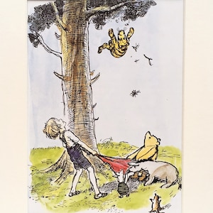 Large Mounted Winnie The Pooh Print, Tigger Falls from a Tree. Matted Vintage Colour Print
