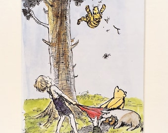 Large Mounted Winnie The Pooh Print, Tigger Falls from a Tree. Matted Vintage Colour Print