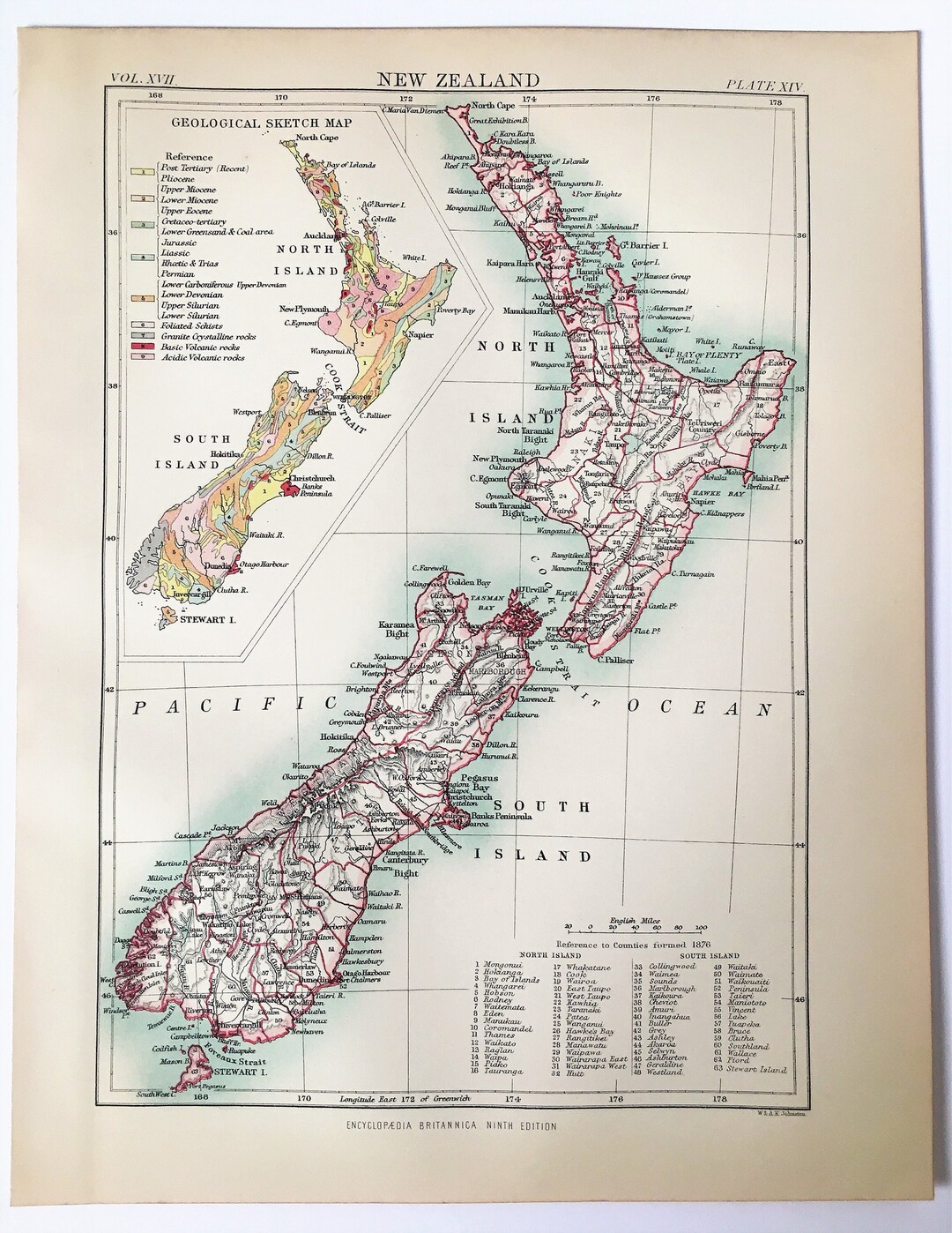NEW ZEALAND 1870s Antique Colour Map, Geology, Geological. Encyclopedia