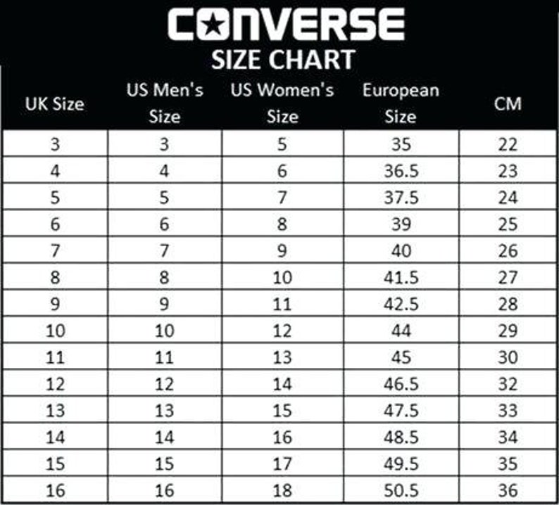 size chart sepatu vans