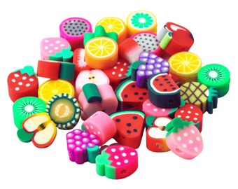 Fruit beads in a colorful mix, 40 pieces with 10 mm diameter, jewelry beads made of polymer clay, beads for DIY jewelry and bracelets