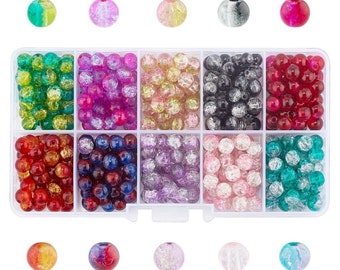 Sadingo Glasperlen Crackle zum basteln 6mm, 1 Box, ca 400 Stück bunte Armband Bastel Perlen 10 Farben