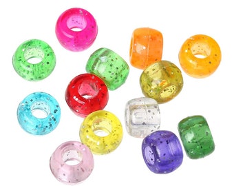 Pony beads drum with glitter, 500 pieces with 9 x 6 mm size, plastic beads in a colorful mix, acrylic beads for DIY jewelry and bracelets