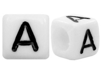 Letter beads in white with black writing, square acrylic beads, 90 pieces with 6 x 6 mm size, for DIY bracelets and fashion jewelry