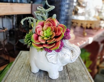 Ceramic Elephant  Faux Succulent Arrangement , Boho Decor