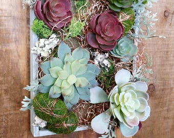 Rustic Wood Box With Faux Succulent Arrangement And Copper Accents