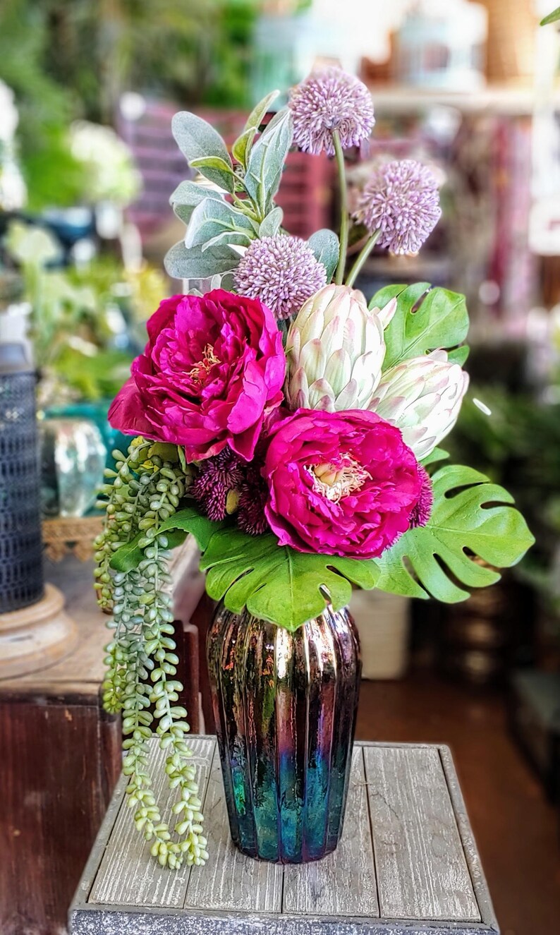 Faux Succulent Arrangement, Peony, Protea, And Allium Faux Floral Arrangement, Home Decor image 2