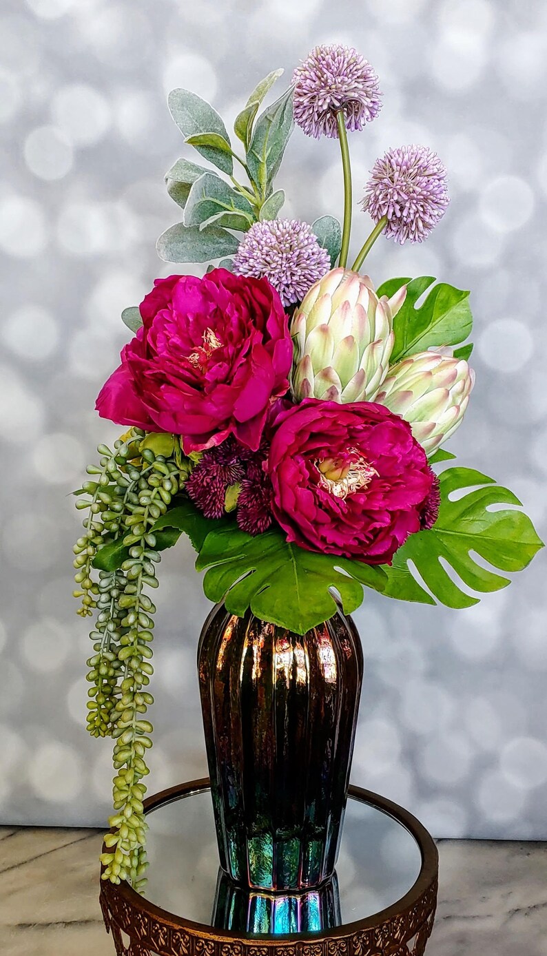 Faux Succulent Arrangement, Peony, Protea, And Allium Faux Floral Arrangement, Home Decor image 3