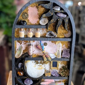 Celestial Crystal Shadow Box: Witch Altar Shelf, Moon & Sun Decor