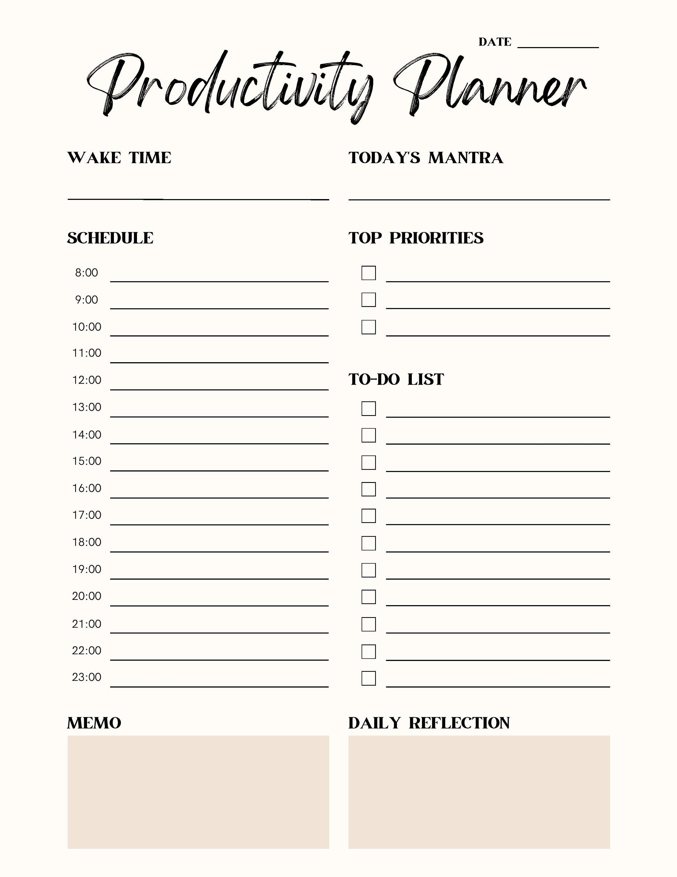 Productivity Planner Worksheet Printable Planner Instant | Etsy