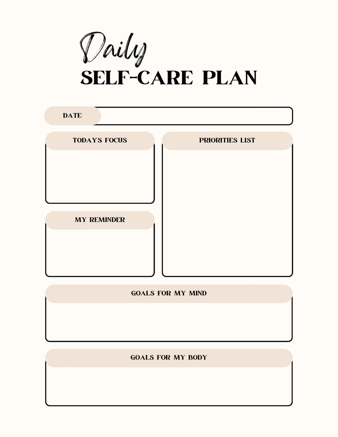 Daily Self care Planner Worksheet Etsy