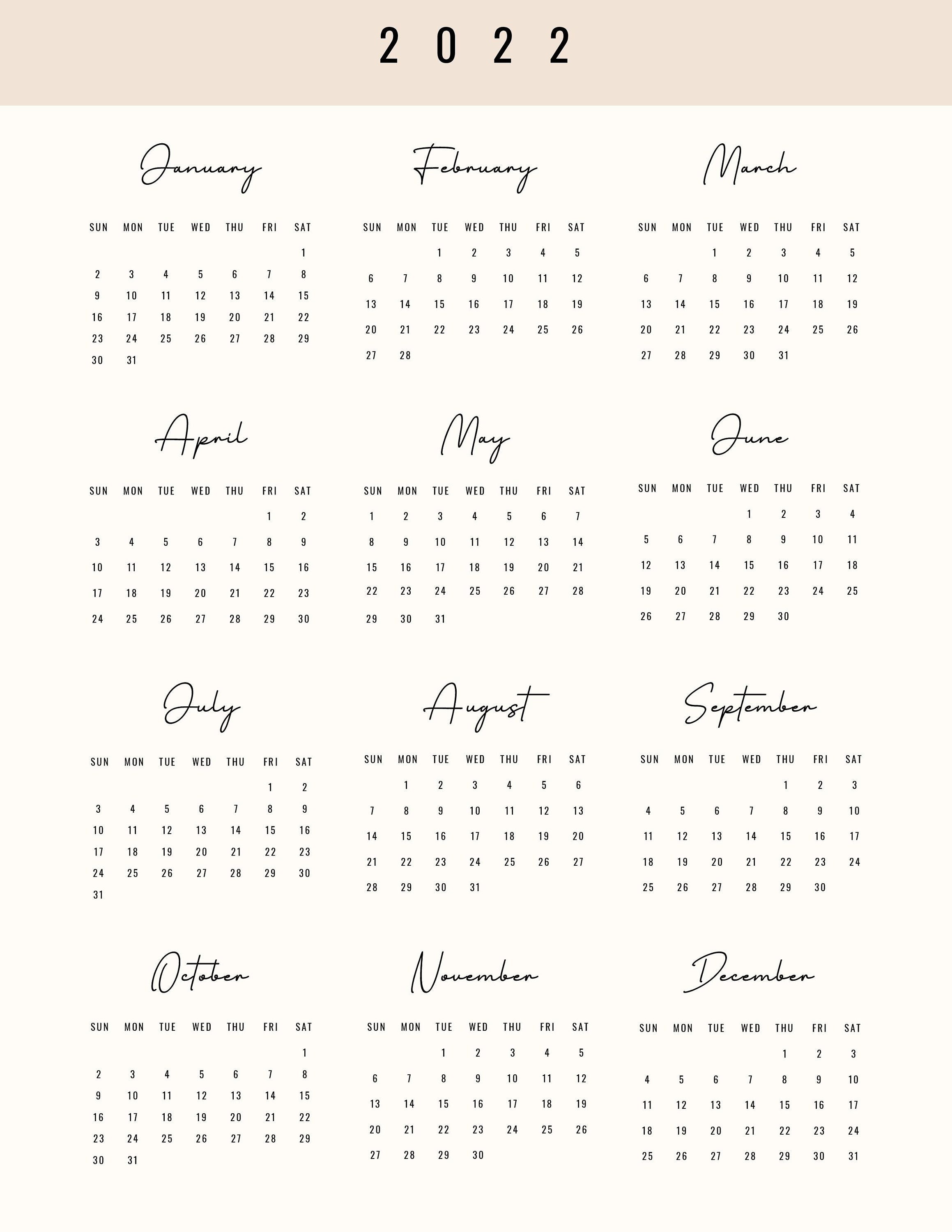 2022 calendar one page etsy