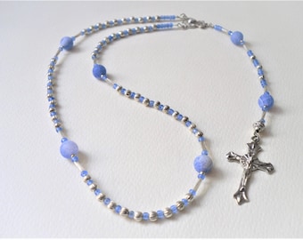 Chapelet de perles de pierres précieuses Chapelet de prière catholique Perles de prière en agate bleue ∫ Chapelet catholique de perles Beau crucifix