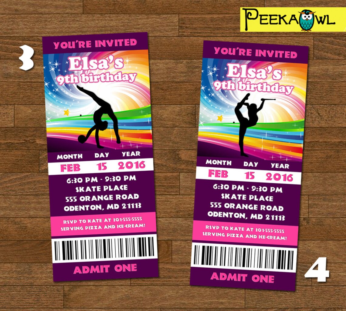 Printable Girls Gymnastics Invitation Ticket Rainbow Etsy