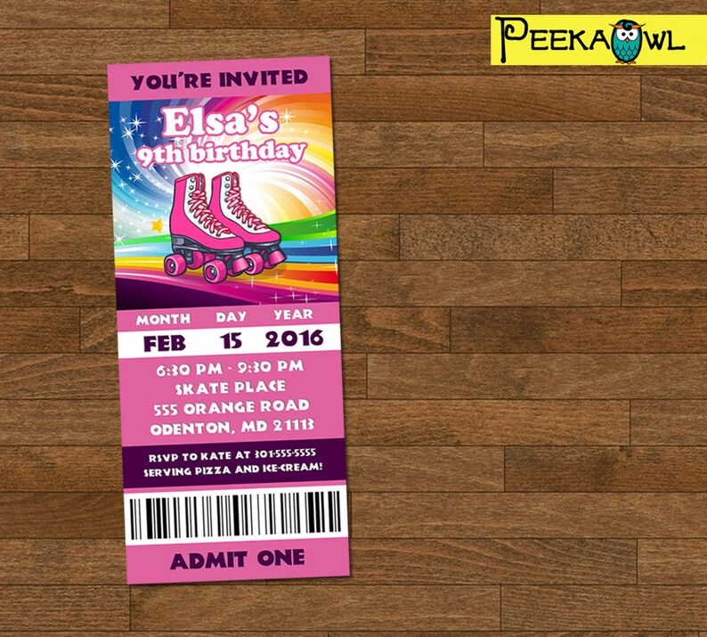 Printable Girls Roller Skating Invitation Ticket Rainbow Etsy