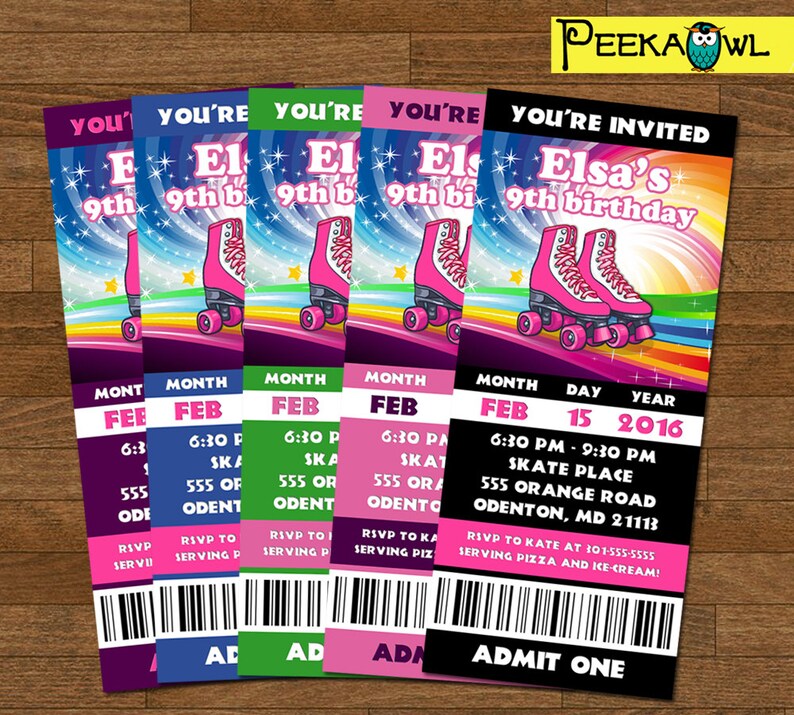 Printable Girls Roller Skating Invitation Ticket Rainbow Etsy