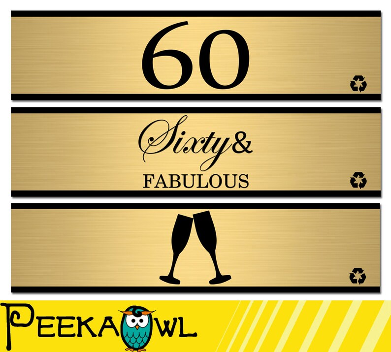 instant download champagne 60th birthday water bottle