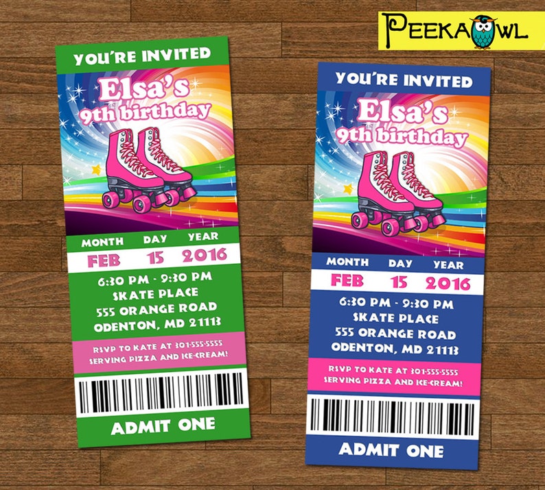 Printable Girls Roller Skating Invitation Ticket Rainbow Etsy