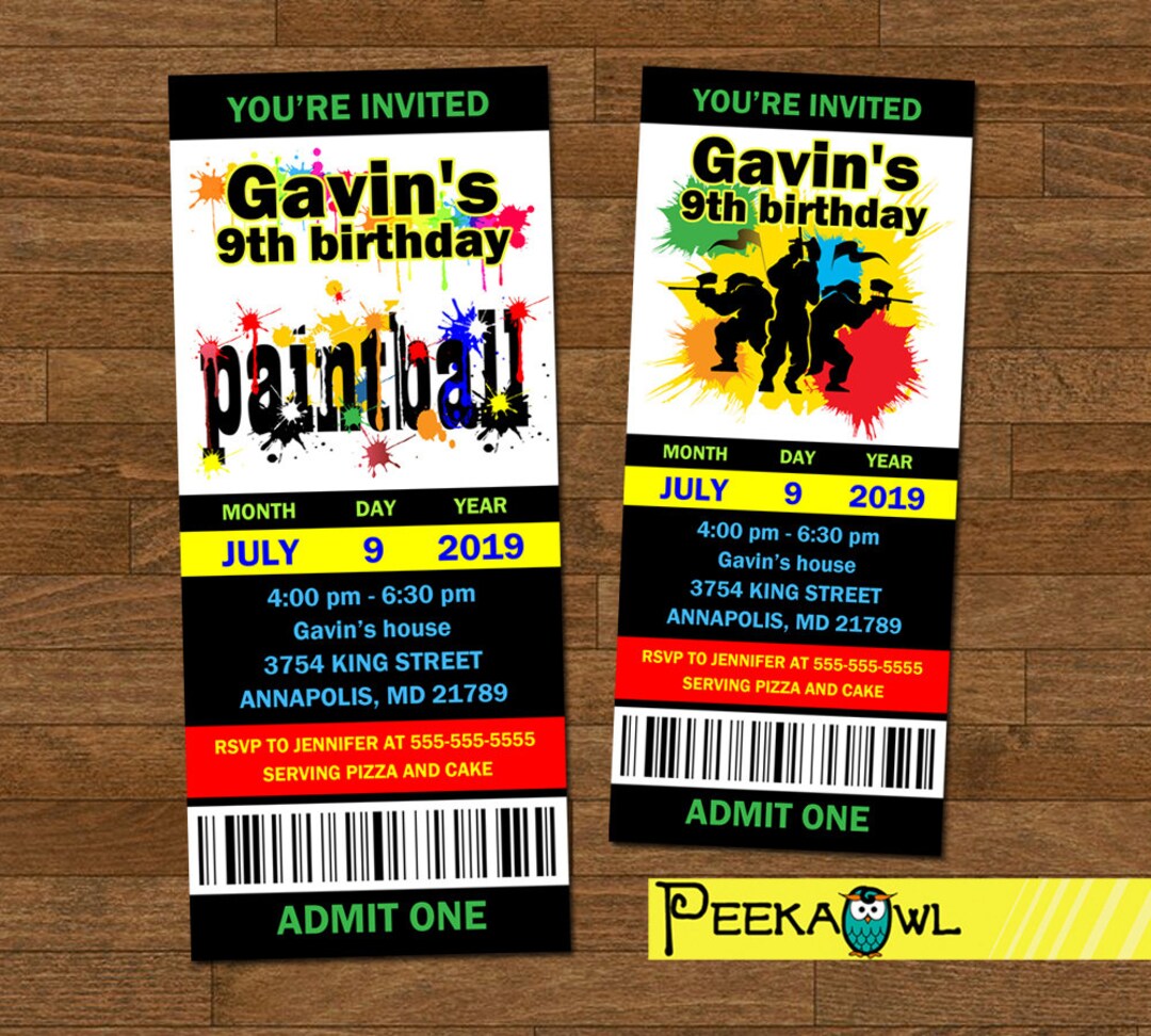 Printable Paintball Birthday Party Invitation Ticket Etsy