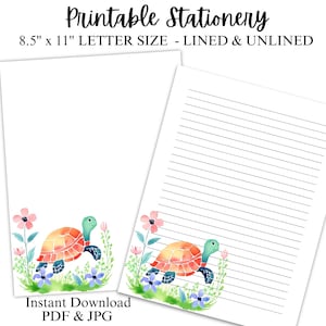 May include: Printable stationery with a turtle design. The stationery is 8.5 x 11 inches and comes in lined and unlined versions. The design features a watercolor turtle with flowers and greenery. The text "Printable Stationery" is at the top.
