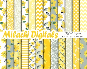 Yellow Flowers Digital Paper, Seamless 12"x12" Scrapbook Paper, Junk Journal Pages, Floral Planner Backgrounds, Card Making, Commercial Use