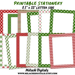 Op de afbeelding: Printbaar briefpapier met 8 verschillende kerstthema-randen. Elke rand is 8,5 inch bij 11 inch en heeft een ander patroon, waaronder sneeuwvlokken, hulst, stippen en rendieren.