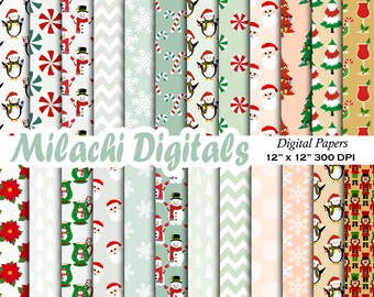 May include: A collection of digital papers with Christmas-themed patterns. Designs include snowmen, penguins, snowflakes, candy canes, and Santa Claus. The papers are 12" x 12" and 300 DPI. The Milachi Digitals logo and website address are also visible.