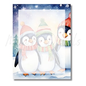 Penguins Printable Writing Paper Stationery, Christmas Digital Paper ...