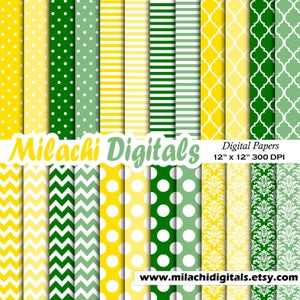 Groene en gele digitale papier, scrapbook papers, achtergrond, polka stippen, strepen, Marokkaanse patroon, chevron, damast - M520