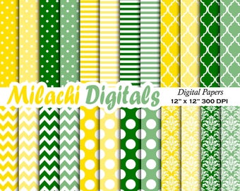 Groene en gele digitale papier, scrapbook papers, achtergrond, polka stippen, strepen, Marokkaanse patroon, chevron, damast - M520