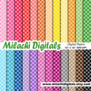 Könnte beinhalten: Ein Set mit 20 digitalen Papieren mit einem karierten Muster in verschiedenen Farben, darunter Rosa, Rot, Orange, Gelb, Grün, Blau, Lila und Braun. Die Papiere sind 30,5 cm x 30,5 cm groß und haben eine Auflösung von 300 DPI. Der Text "Milachi Digitals" und "www.milachidigitals.etsy.com" ist ebenfalls im Bild enthalten.