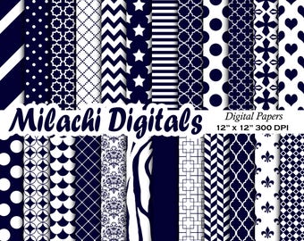 midnight blue digital papers, scrapbook papers, background, polka dots, stripes, chevron, baby boy - M535