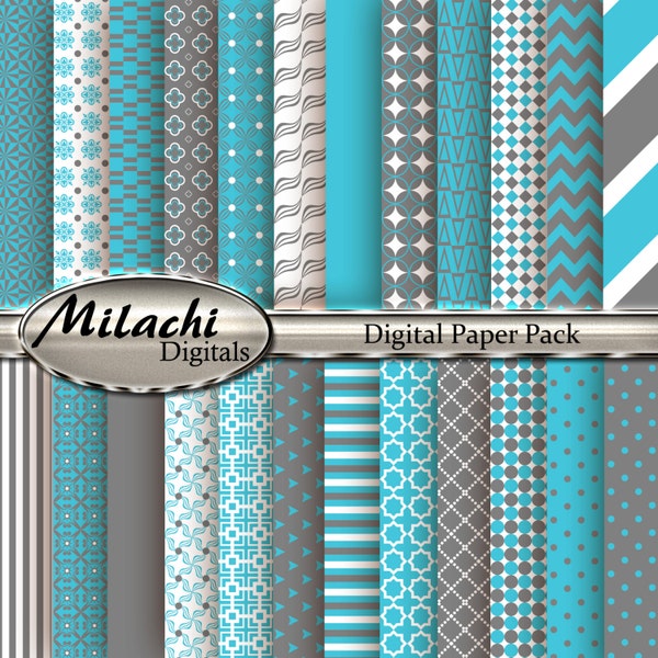 Turquoise and Gray Digital Paper Pack, Scrapbook Papers, Commercial Use - Instant Download - M180