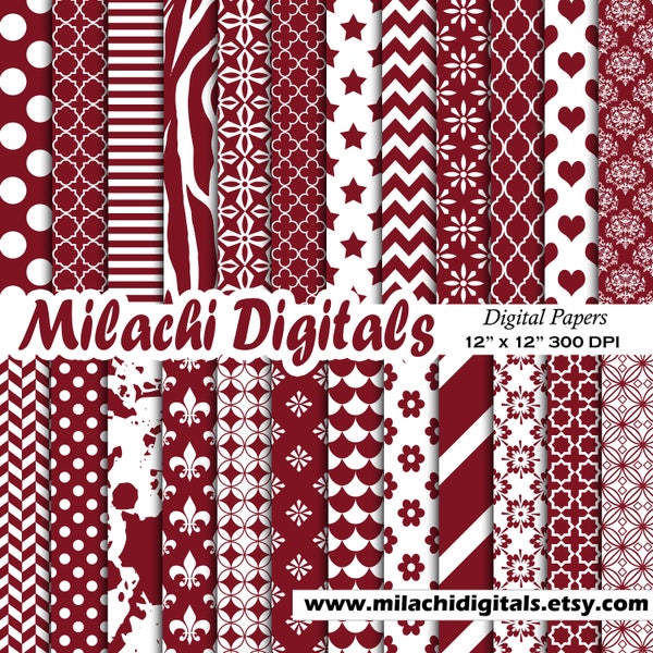 Burgundy digital paper, polka dots scrapbook papers, chevron background, damask wallpaper, stripes, commercial use - M618