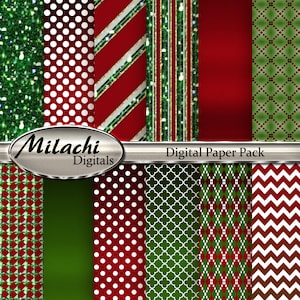 Christmas Digital Paper, Glitter Digital Paper, Glitter Stripes, Chevron, Polka Dots, Commercial Use, Instant Download - M26
