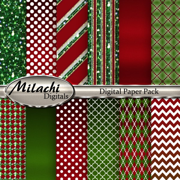 Christmas Digital Paper, Glitter Digital Paper, Glitter Stripes, Chevron, Polka Dots, Commercial Use, Instant Download - M26