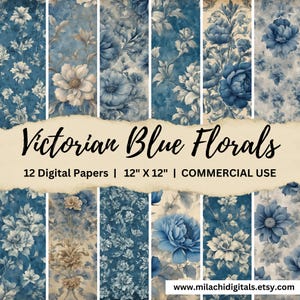 Papel digital con flores azules victorianas, páginas de diario basura, patrones desgastados, papel para álbumes de recortes, fondos florales, descarga digital