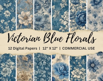 Victorian Blue Florals Digital Paper, junk journal pages, distressed patterns, scrapbook paper, floral backgrounds, digital download