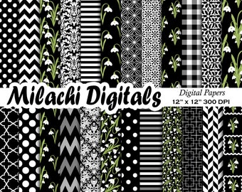 Snowdrop Digital Paper, Seamless Backgrounds, Birthday Scrapbook Papers, Printable Scrapbook Papers, Chevron Wallpaper, Damask - M964
