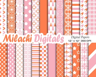 Pink and Coral digital paper, background, scrapbook papers, stars, polka dots, houndstooth, quatrefoil, stripes, - M292