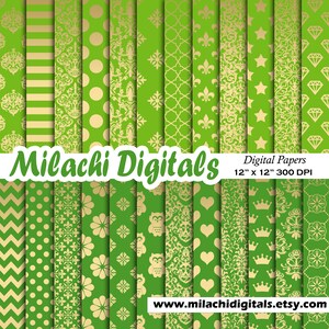 Grönt och guld digitalt papper lila sömlösa guldmönster krona babyshower scrapbookingpapper uggla guldstjärnor guld damast diamant M885