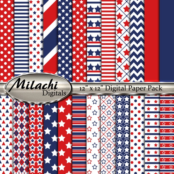 4th of July Stars and Stripes digital paper pack, 12" x 12" scrapbook papers, backgrounds - Instant Download - M269