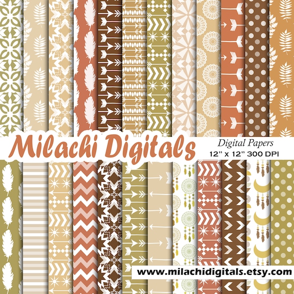 Bohemian Digital Paper, Boho Baby Shower Scrapbook Papers, Tribal Seamless Backgrounds, Birthday, Nursery, Wedding, Commercial use - M969