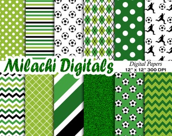 Soccer digital paper pack, background, wallpaper, polka dots, stripes, chevron, soccer ball, soccer player - M324