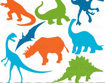 May include: A set of colorful dinosaur silhouettes in various poses, including a green brachiosaurus, a blue stegosaurus, a blue velociraptor, an orange tyrannosaurus rex, a blue pterodactyl, a blue apatosaurus, an orange triceratops, and a green ankylosaurus.