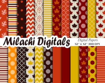 Fall digital paper thanksgiving scrapbook papers leaf wallpaper autumn background polka dots stripes - M572