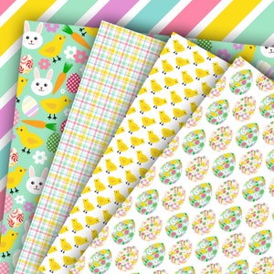 May include: Four different Easter themed digital paper designs. The first design features a light blue background with yellow chicks, white bunnies, and colorful Easter eggs. The second design is a light blue and yellow plaid pattern. The third design features a white background with yellow chicks. The fourth design features a white background with colorful Easter eggs and bunnies.