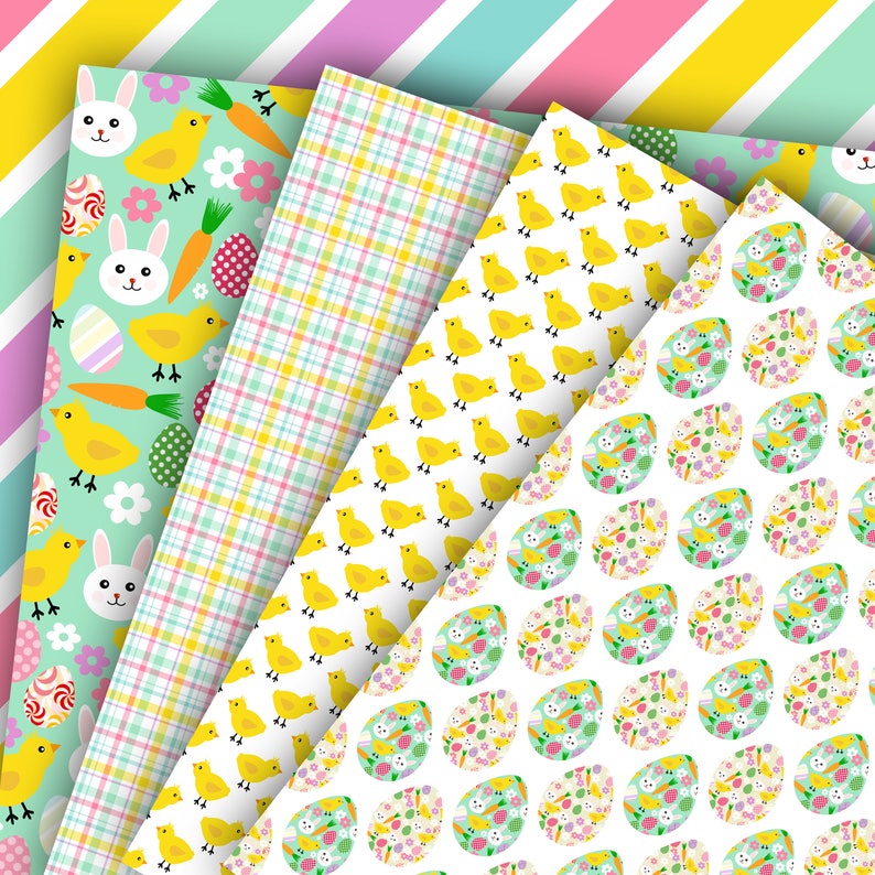 May include: Four different Easter themed digital paper designs. The first design features a light blue background with yellow chicks, white bunnies, and colorful Easter eggs. The second design is a light blue and yellow plaid pattern. The third design features a white background with yellow chicks. The fourth design features a white background with colorful Easter eggs and bunnies.